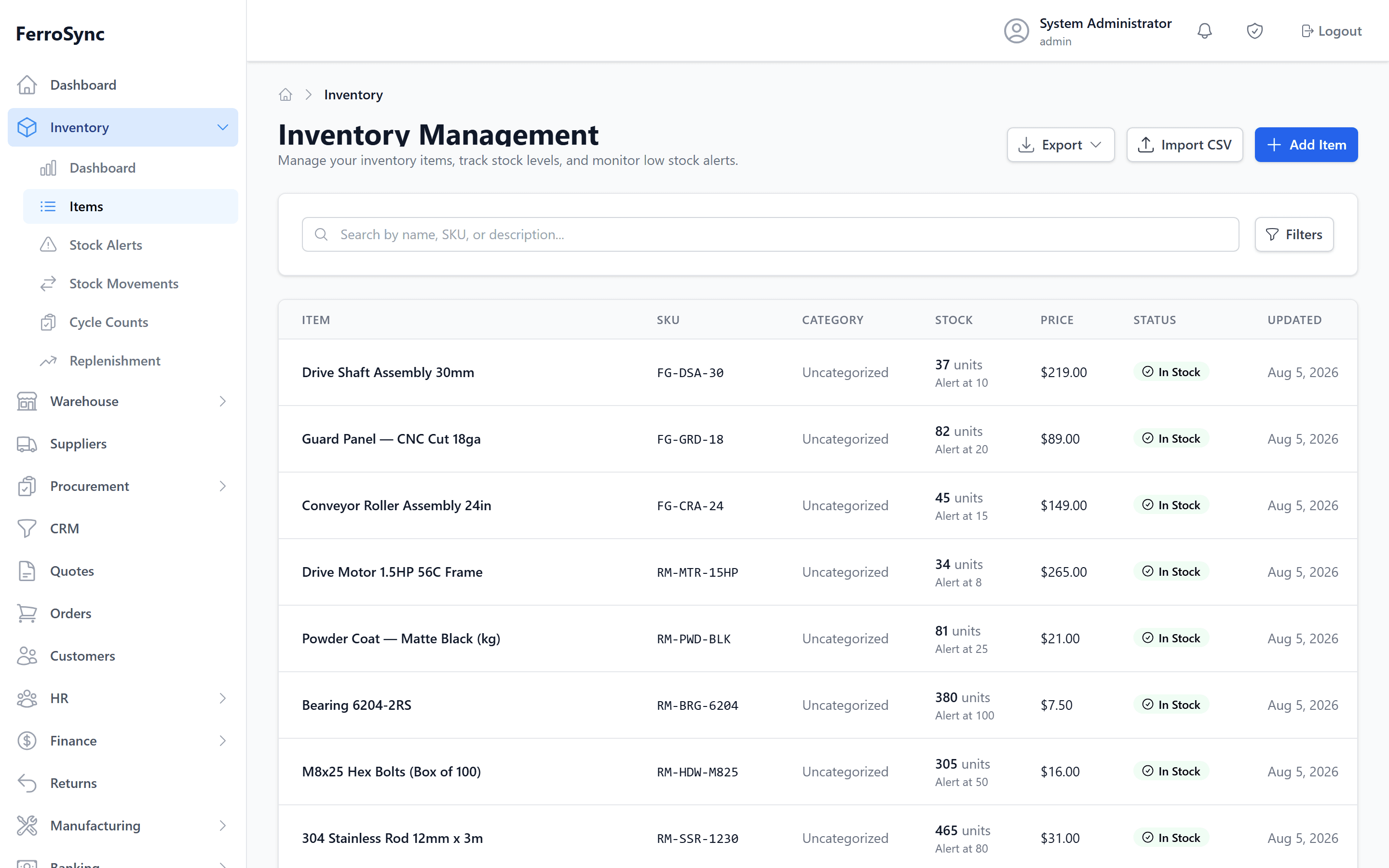 FerroSync inventory: items with SKUs, quantities, costs, and low-stock alerts